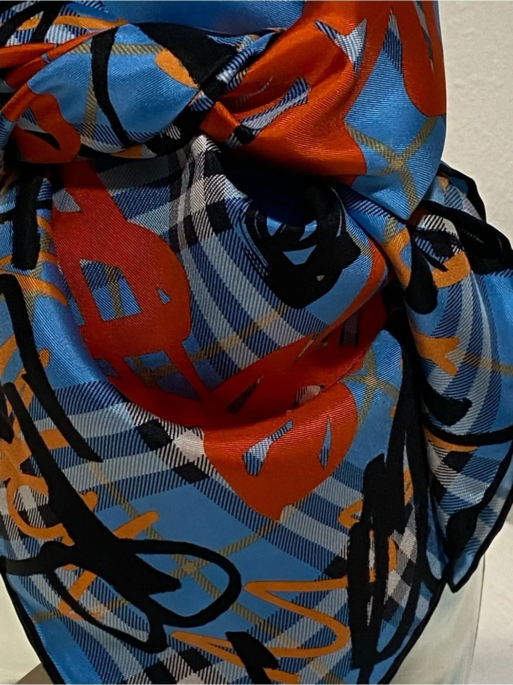 Burberry Blue and Orange Plaid Silk Scarf with Black Accents
